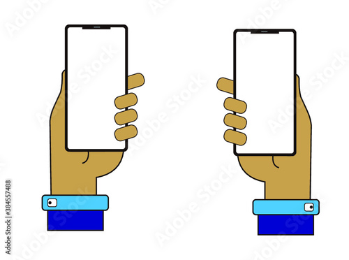 Hand hält Handy, Mobile Phone Line Icon. Hand holding smartphone