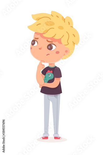 Confused kid thinking and looking puzzled. Thoughtful boy touching head with wondering curious complicated expression. Smart child pondering questions and ideas vector illustration