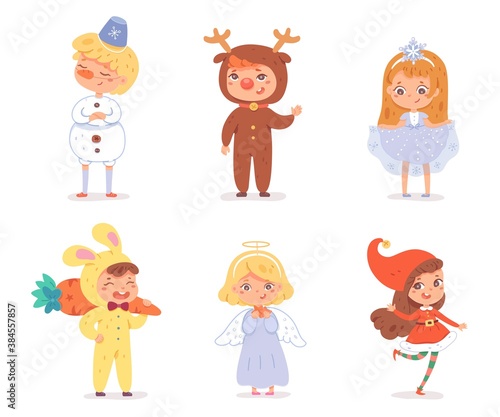 Kids in costumes for Christmas winter party. Cute happy children wearing funny xmas suits vector illustration. Girls and boys dressed as snowman, reindeer, snowflake, rabbit, angel, santa