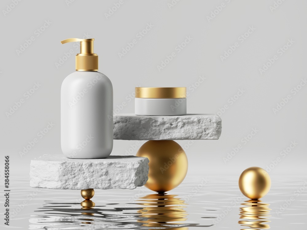 Fototapeta 3d render, abstract modern cosmetics presentation. White cream jar and dispenser bottle with golden caps placed on cobblestone platforms on golden balls. Blank package mockup, commercial showcase