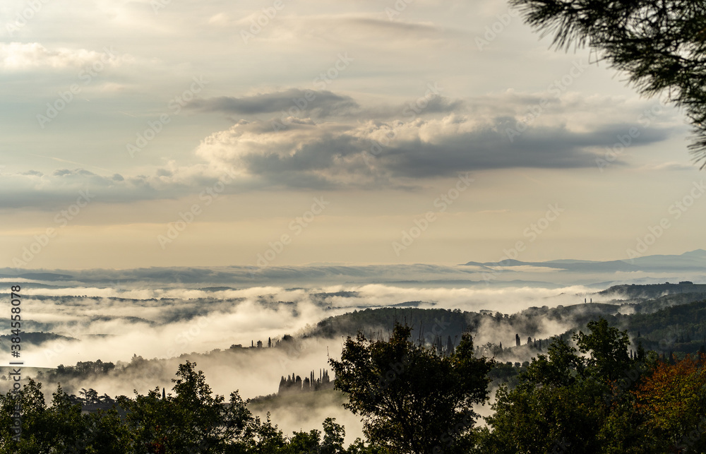 Obraz premium Frühnebel im Tal, Toskana