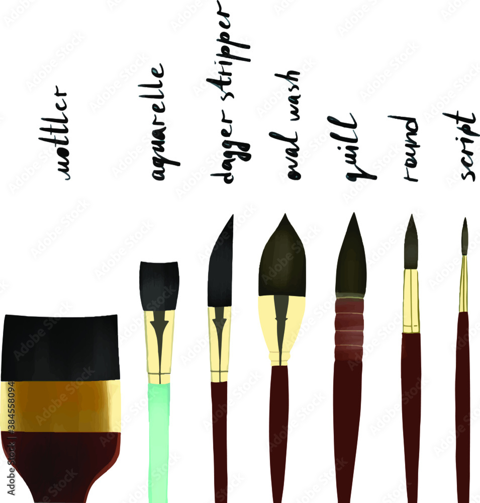 vector image of seven brushes for painting with the name of each brush