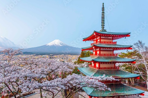 Chureito Pagoda and Mount Fuji during the cherry blossoms in spring
