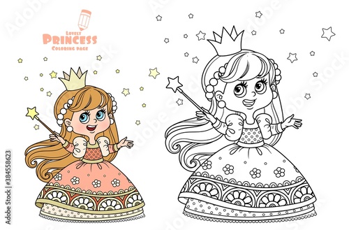Cute princess with a magic wand outlined and color for coloring book