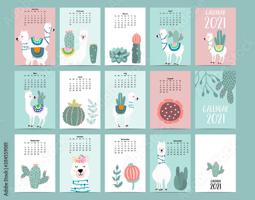 Cute animal calendar 2021 with llama, alpaca, cactus for children, kid, baby.Can be used for printable graphic.Editable elemen
