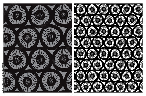 Cute Abstract Floral Seamless Vector Patterns with Hand Drawn Geometric Flowers Isolated on a White and Black Background. Funny Abstract Graden Print. 