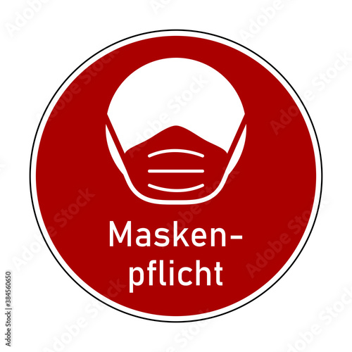 Maskenpflicht ("Face Masks Required" in German) Round Instruction Icon with Text and Face Mask Sign. Vector Image.