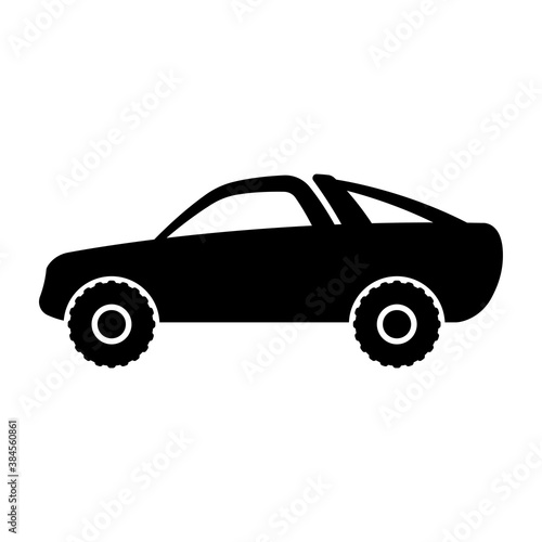 Pickup truck icon. Black silhouette. Side view. Modern high-speed off-road SUV. Vector flat graphic illustration. The isolated object on a white background. Isolate.