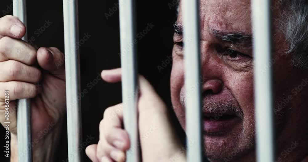 Desperate old man behind bars. Imprisoned person