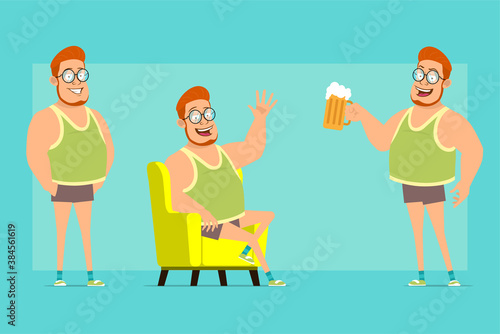Cartoon flat funny redhead fat boy character in glasses, singlet and shorts. Boy resting, showing hello gesture and holding mug with beer. Ready for animation. Isolated on blue background. Vector set.