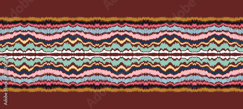 Ikat border. Geometric folk ornament. Ink on clothes. Tribal vector texture. Seamless striped pattern in Aztec style. Ethnic embroidery. Indian, Scandinavian, Gypsy, Mexican, African rug.