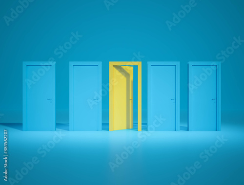 Otustanding yellow door open between closed blue dor on blue background.minimall concept.3d rendering.