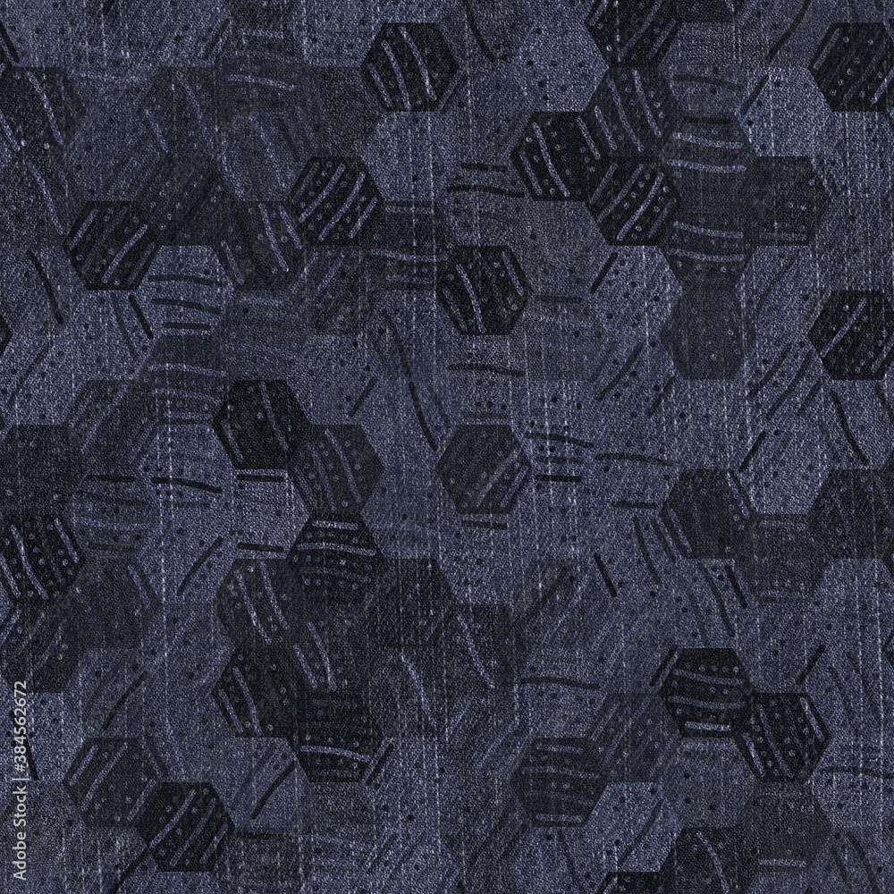 Fototapeta premium Seamless patterned denim jean geo for repeat print. High quality illustration. Grungy trendy street wear design. Real detailed denim texture with geometric pattern overlay. Navy blue deep dark colors.