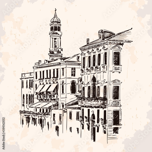 Sketch of street of an old European city with high-rise buildings and a tower. Handmade rough drawing on beige background.