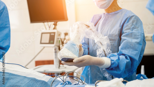 Εκτύπωση καμβά The surgeon uses a portable fluorescence imaging device during breast removal