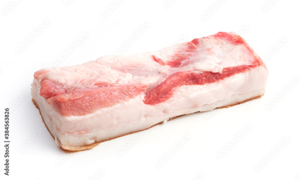 One large cutout of meat with lard on a white isolated background. Trading platform. The concept of fresh, natural products.