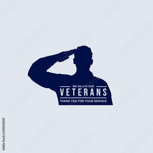 Soldier's silhouette giving salute with text thank you for veterans' service isolated on dark background perfect for Veterans Day illustration 
