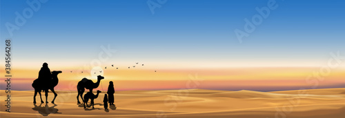 Vector illustration Arab family with camel walking in desert sands with sunset in evening,Panoramic Landscape Scenery of sun over mountains during twilight in orange color above desert and sand dunes.