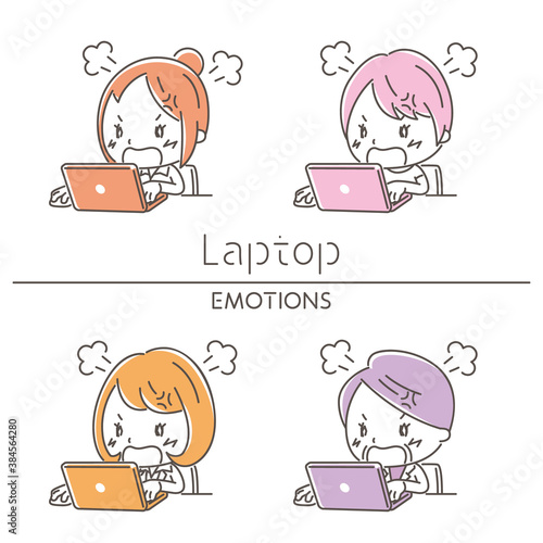 ノートパソコンと怒る女性のイラスト