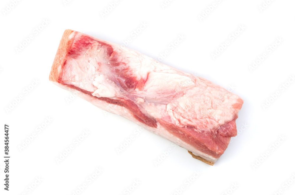 Grocery background, raw bacon meat isolated on a white background, top view. Trading platform. The concept of fresh, natural products.