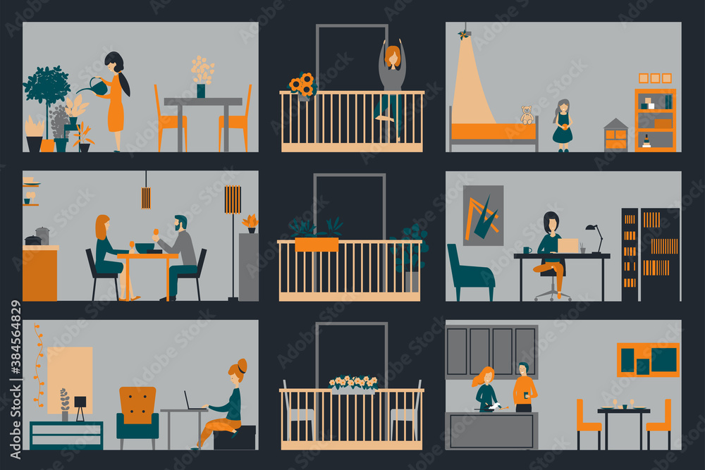 Self-isolation, people in apartments. Vector illustration