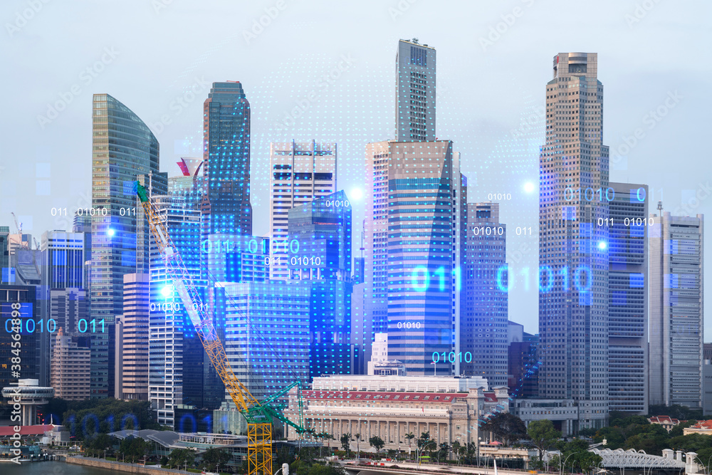Obraz premium World planet Earth map hologram over panorama city view of Singapore, Asia. The concept of international connections and business. Multi Exposure.