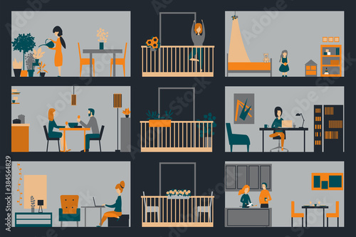 Self-isolation, people in apartments. Vector illustration