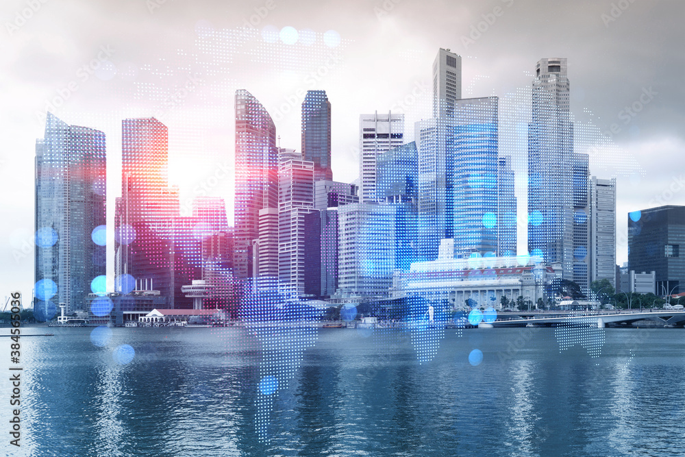 Fototapeta premium World planet Earth map hologram over panorama city view of Singapore, Asia. The concept of international connections and business. Multi Exposure.