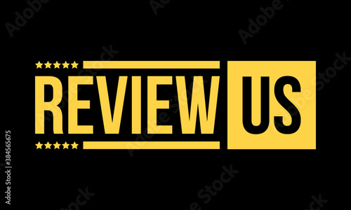 review us with 5 stars, golden vector icon isolated on black background