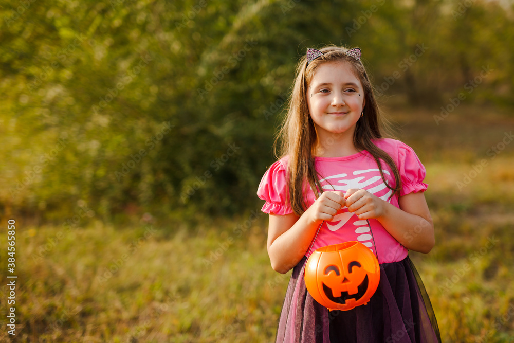 girl wearing Halloween costume and holding pumpkin basket girl wearing Halloween costume and holding pumpkin basket