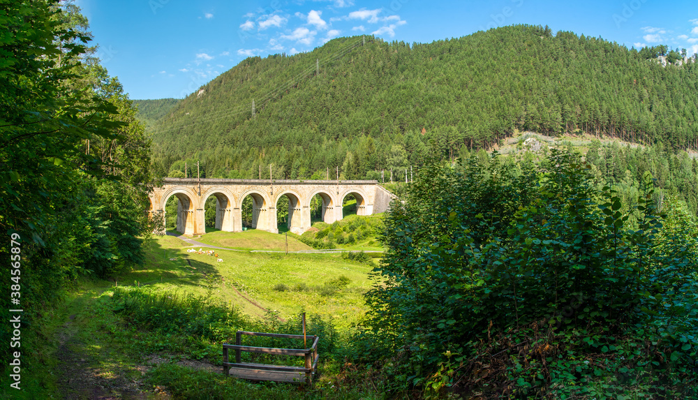 Viaduct over the Adlitzgraben on the Semmering Railway. The Semmering Railway is the oldest mountain railway of Europe and a Unesco World Heritage site.
