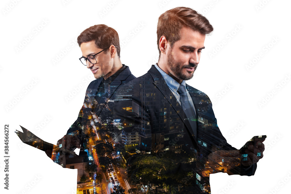 Double exposure of two young, successful, business people, man, standing in front of Asian city Bangkok background. Concept of teamwork. Night time. Double exposure of two young, successful, business people, man, standing in front of Asian city Bangkok background. Concept of teamwork. Night time.