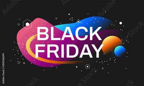 Black Friday banner concept with a black background and bright abstract gradient shapes. Creative design template for the shopping season
