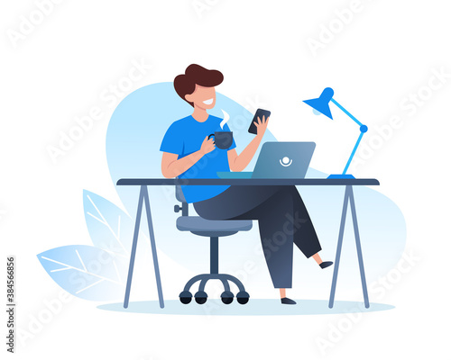 A man works at a laptop and drinks coffee. Home office, freelance and online training, education. Vector flat illustration.