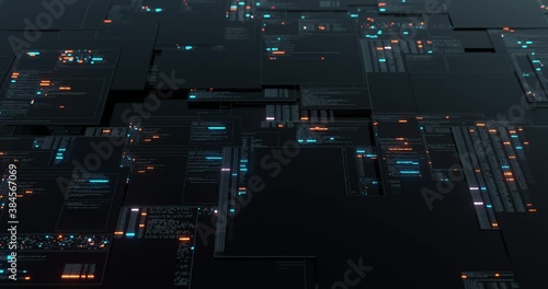 HUD data User Interface. Programming source code abstract background. cyber technology futuristic data on a screen. Code, Numbers, Binary, Names. 3D render, 4K seamless loop.