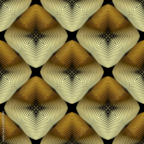 Gold textured 3d floral seamless pattern. Ornamental golden lines background. Surface repeat backdrop. Modern geometric Deco ornament with line art 3d flowers. Luxury design. Endless grunge texture