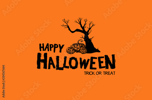 Halloween text for greeting, invitation, poster, banner, background and celebration event with dead tree and pumpkin element