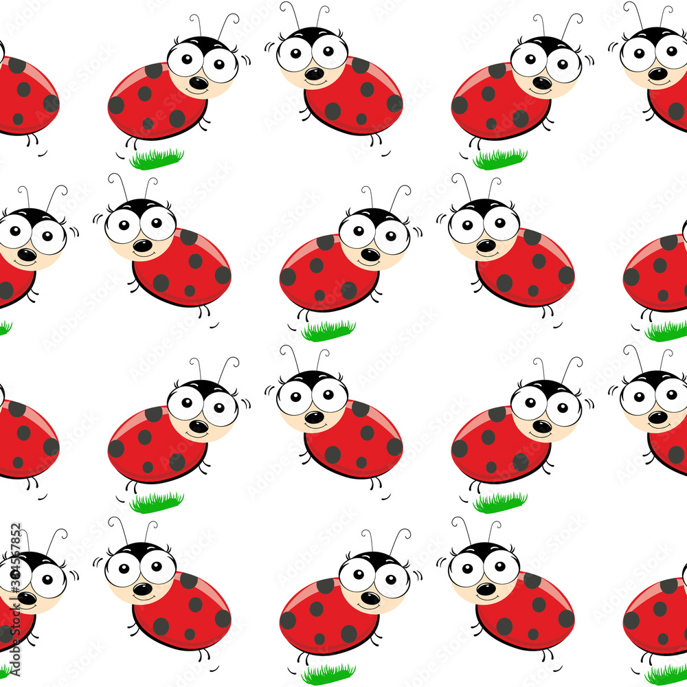 Fototapeta premium Ladybug Seamless Pattern. Summer cute background. textile print design on white background. funny ladybird beatle, cartoon character with big eyes.