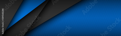 Black and blue layers above each other header. Modern material design with a hexagonal pattern. Vector abstract widescreen banner