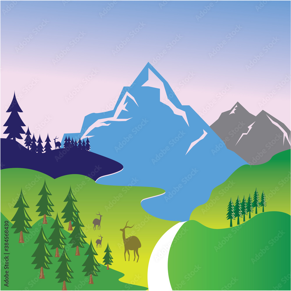 landscape illustration of mountains and green field, animal deer, flat background design vector