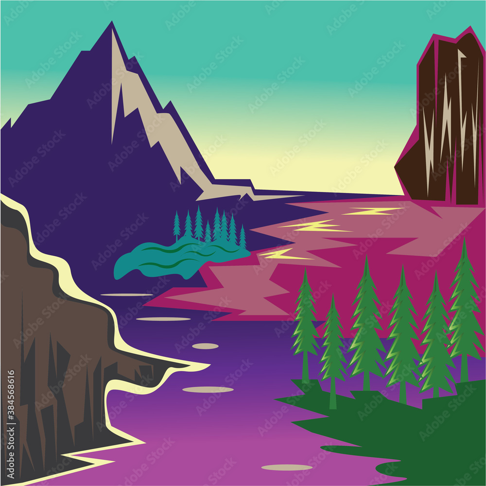 colorful landscape illustration of mountains and sea, flat background plant, vector design