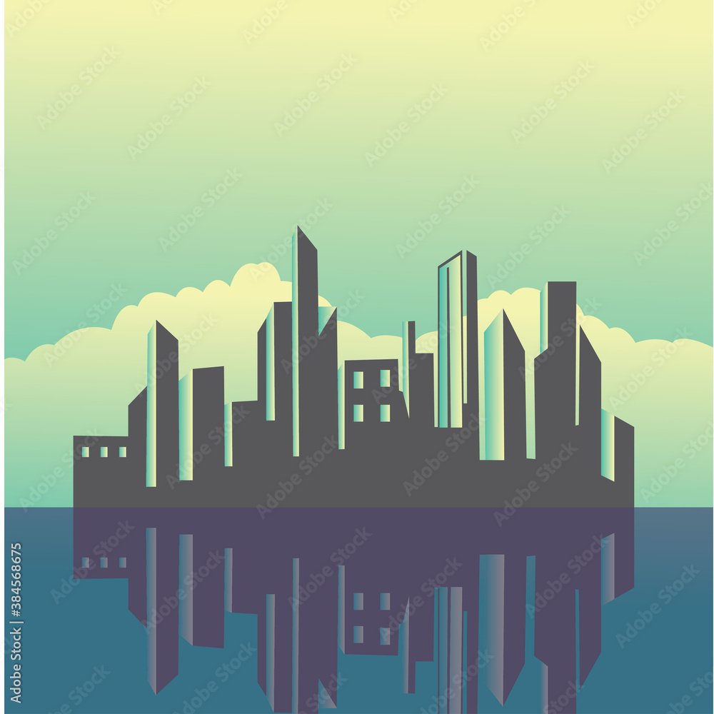 colorful landscape illustration  of buildings  city and sea  night  flat background.Vector design