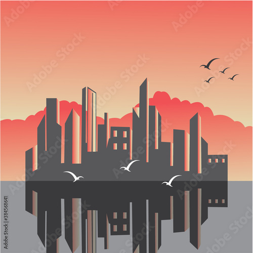 colorful landscape illustration of buildings city and sea night flat background.Vector design