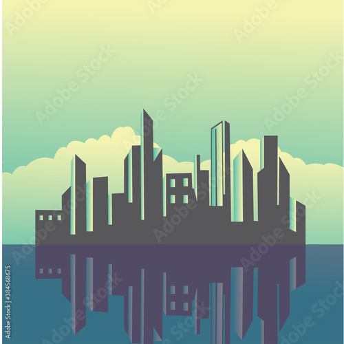colorful landscape illustration of buildings city and sea night flat background.Vector design