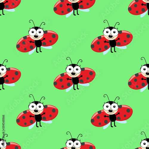 Ladybug Seamless Pattern on green background. Summer cute background. funny flying ladybird beatle, cartoon character with big eyes. textile print design, Wallpaper, packaging, decor.