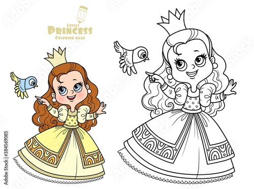 Cute princess in yellow dress with small bird outlined and color for coloring book