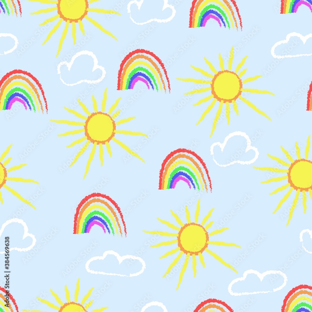 Seamless pattern with rainbows sun and clouds, Cute baby print colored sky, Bright pattern for baby goods, Rainbow, Clouds, Sun, Vector cartoon illustration, Cute backgrounds and textures for kids.