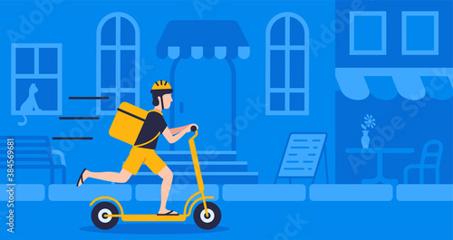 Courier with package using electric scooter on street blue background for delivery concept online delivery  