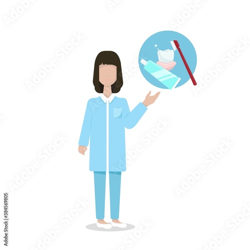 Female dentist shows how to properly care for teeth, dental care, how to properly brush teeth, oral hygiene products, vector illustration in flat style.Isolate on a white background.