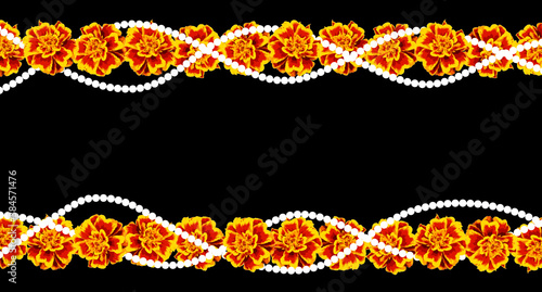 Marigold flower garland. Day of the dead. Halloween. Indian garland of flowers. Religion festive holiday decoration. Vector illustration isolated on black background. Mexican Day of the dead frame